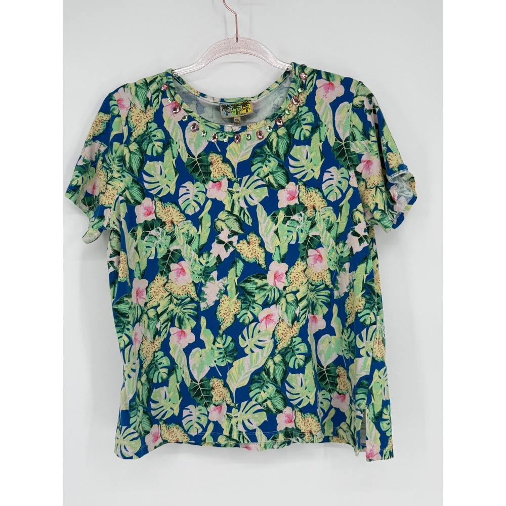 Palm Grove Petite Womens PXL Tropical Floral Rhinestone Embellished Top‎ Green